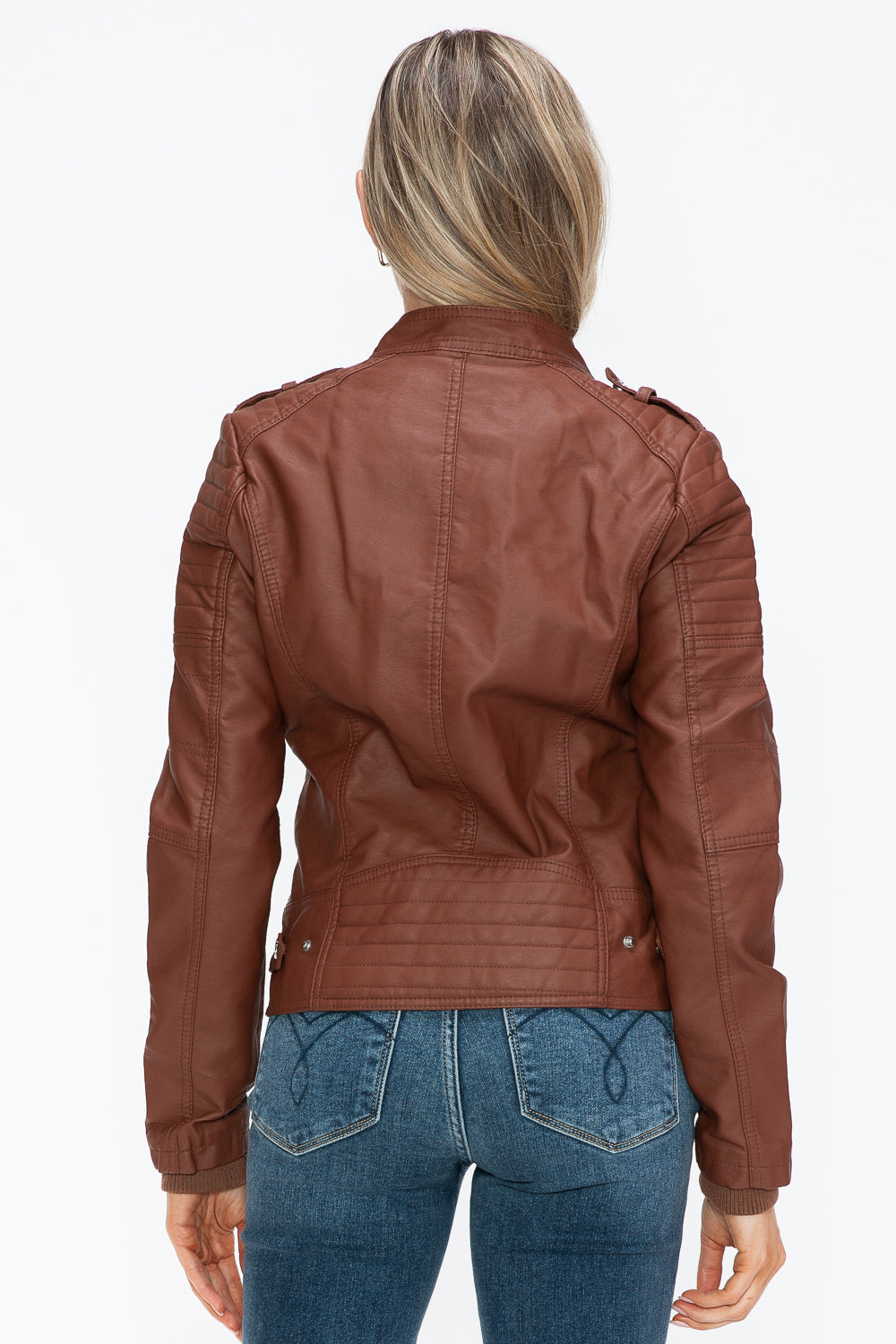 Snobbish Born To Ride PU Leather Biker Jacket with Side Zip Pockets in Brandy