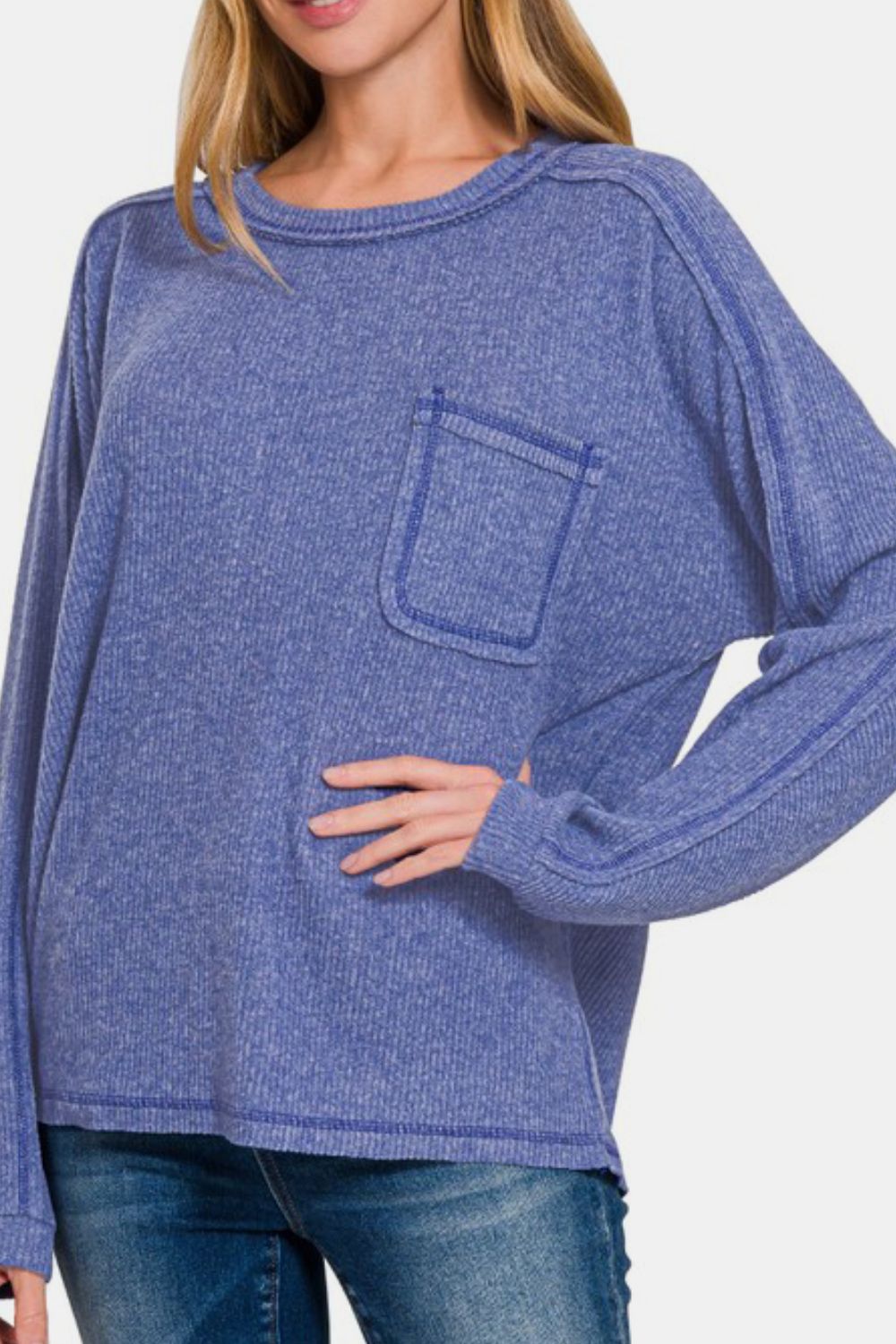 Zenana Cozy Unfiltered Contrast Stitching Brushed Ribbed Hacci Knit Top in Blue Purple