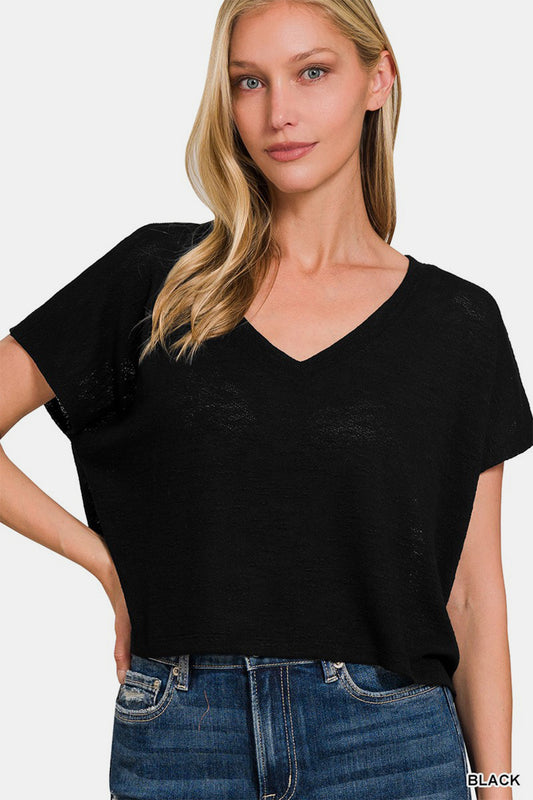 Zenana Back To Simple V-Neck Short Sleeve Crop T-Shirt in Black