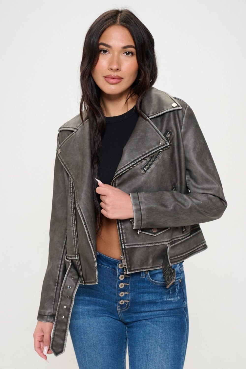 Coalition LA Biker Chic Zip Up Biker Jacket with Belt in Black
