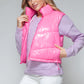 Snobbish A Quilted Touch Zip Up Turtleneck Shiny Quilted Vest in Hot Pink