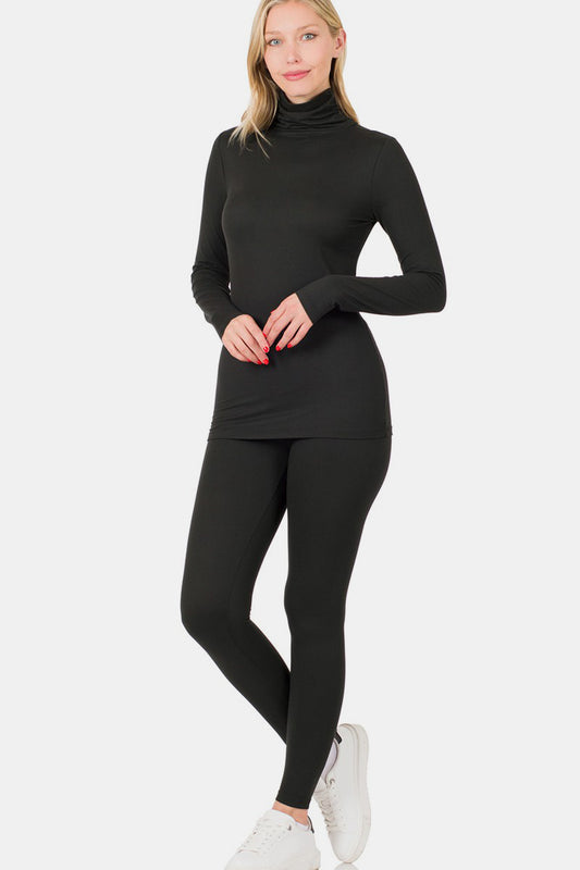 Zenana Friend In Me Turtleneck Top and Leggings Lounge Set in Black