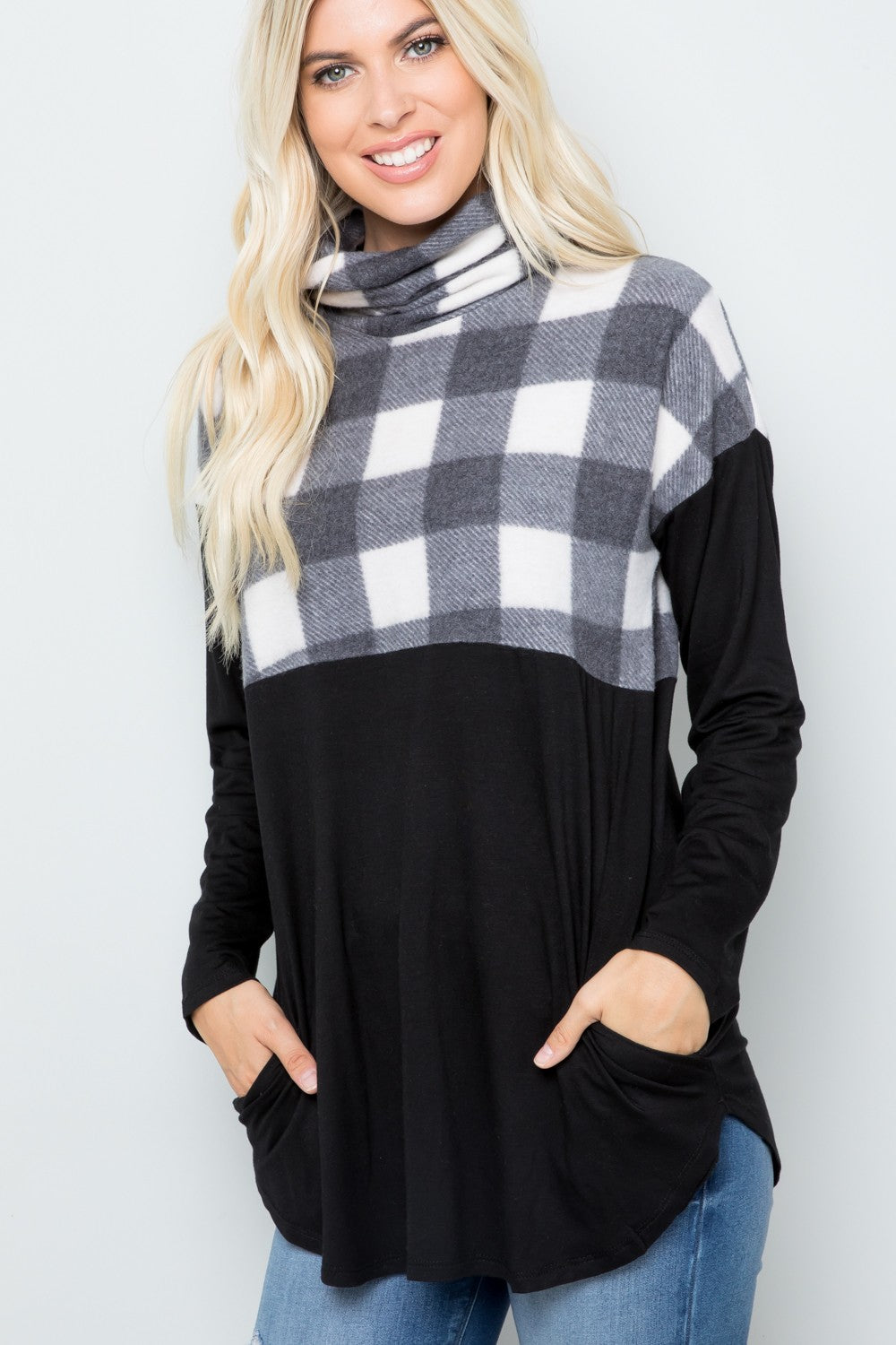 Celeste Plaid Days Pocketed Turtleneck Long Sleeve Blouse