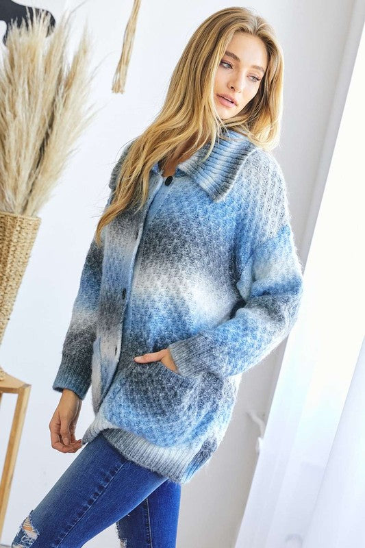 Davi & Dani Sweet Serenity Contrast Collared Neck Button Up Cardigan with Pockets