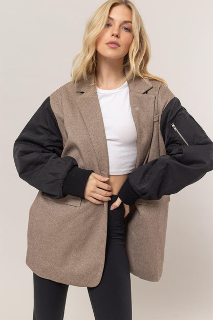 HYFVE Elevation Herringbone Mixed Media Contrast Long Sleeve Blazer
