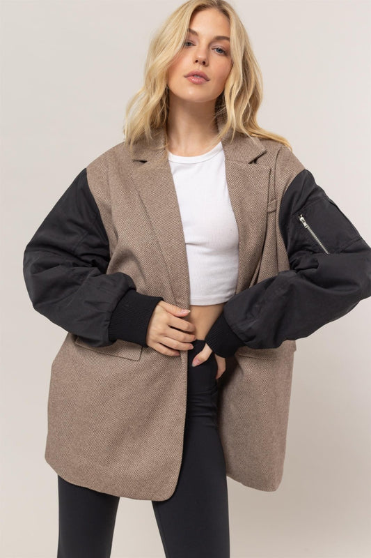 HYFVE Elevation Herringbone Mixed Media Contrast Long Sleeve Blazer