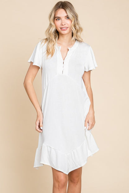 Culture Code Saving You Time Short Sleeve Ruffled Asymmetric Hem Dress in Soft White