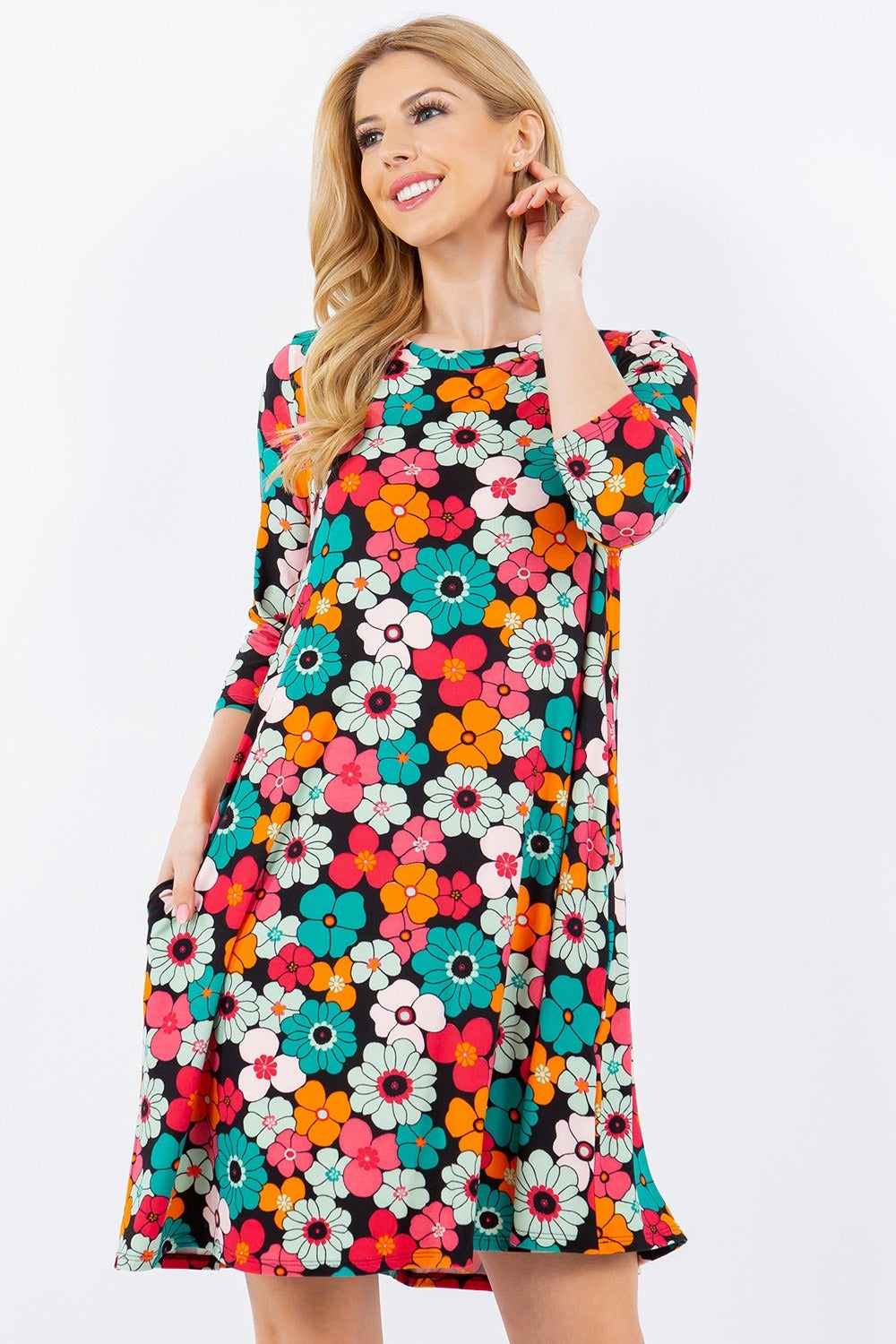 Celeste Summer Glowing Floral Three-Quarter Sleeve Dress with Pockets