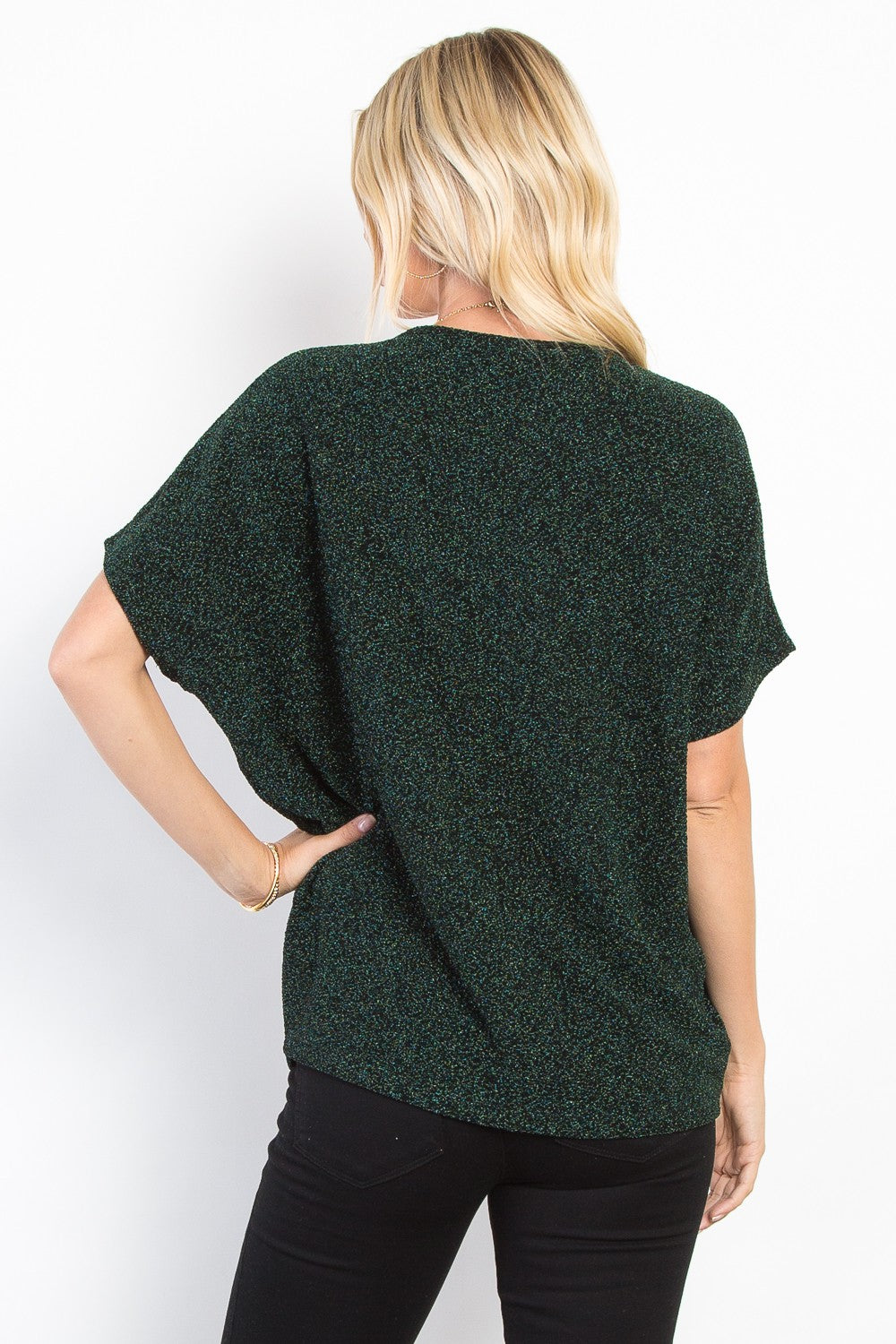 Be Stage Knit and Shimmer Lurex Center Elastic Cinched Knit Top in Hunter Green