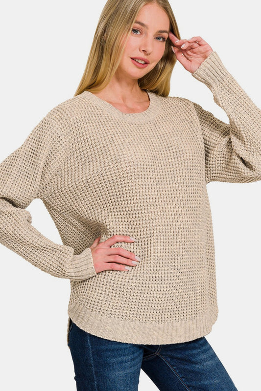 Zenana The World Is My Canvas High Low Long Sleeve Waffle Sweater in H Beige