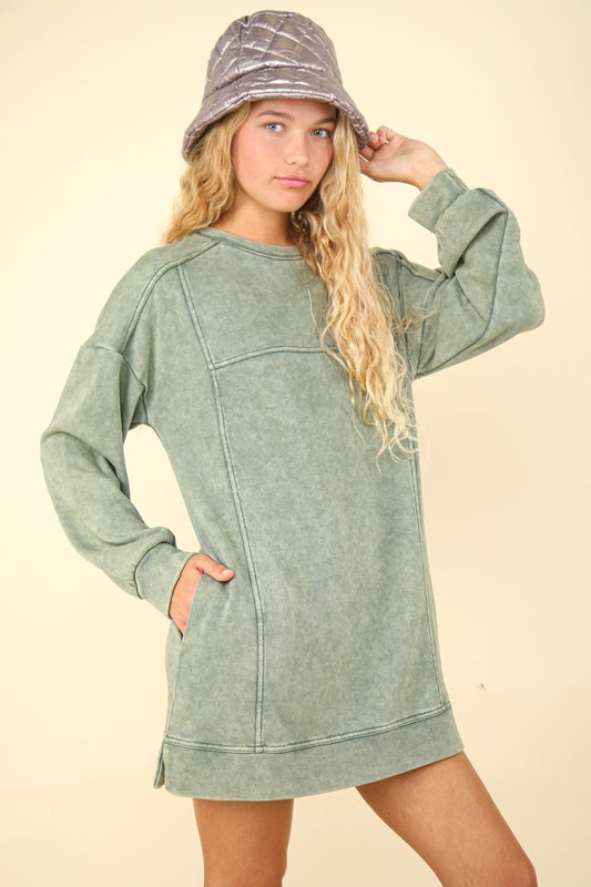 VERY J Oversized Moments Mineral Washed Oversized Sweatshirt Mini Dress in Sage