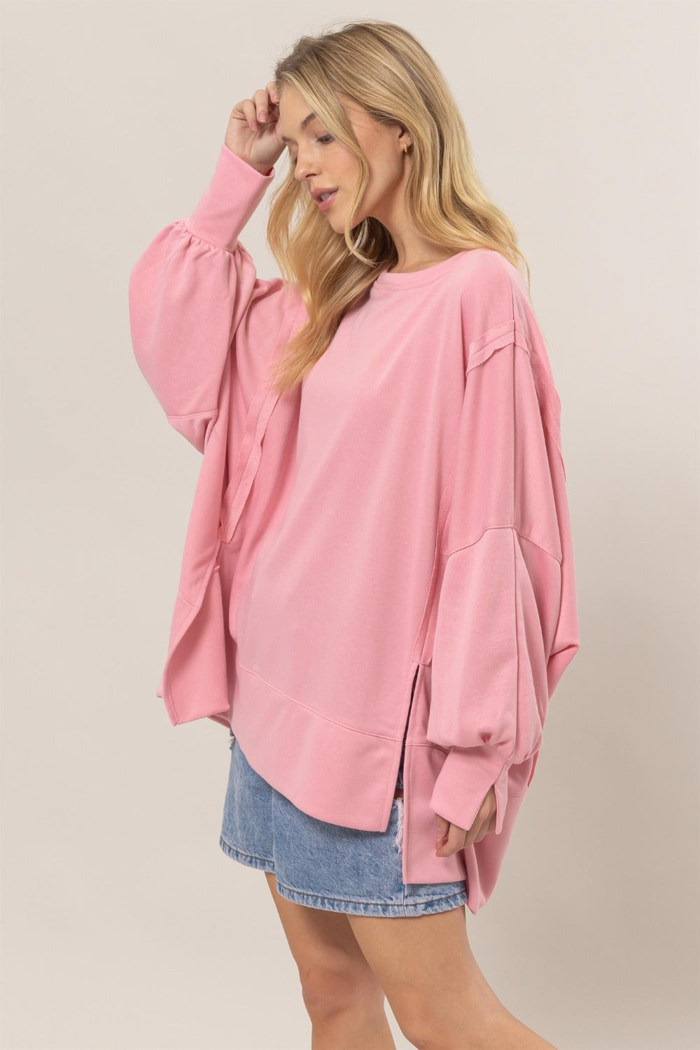 HYFVE Pink Cuddles French Terry Long Sleeve High-Low Slit Sweatshirt