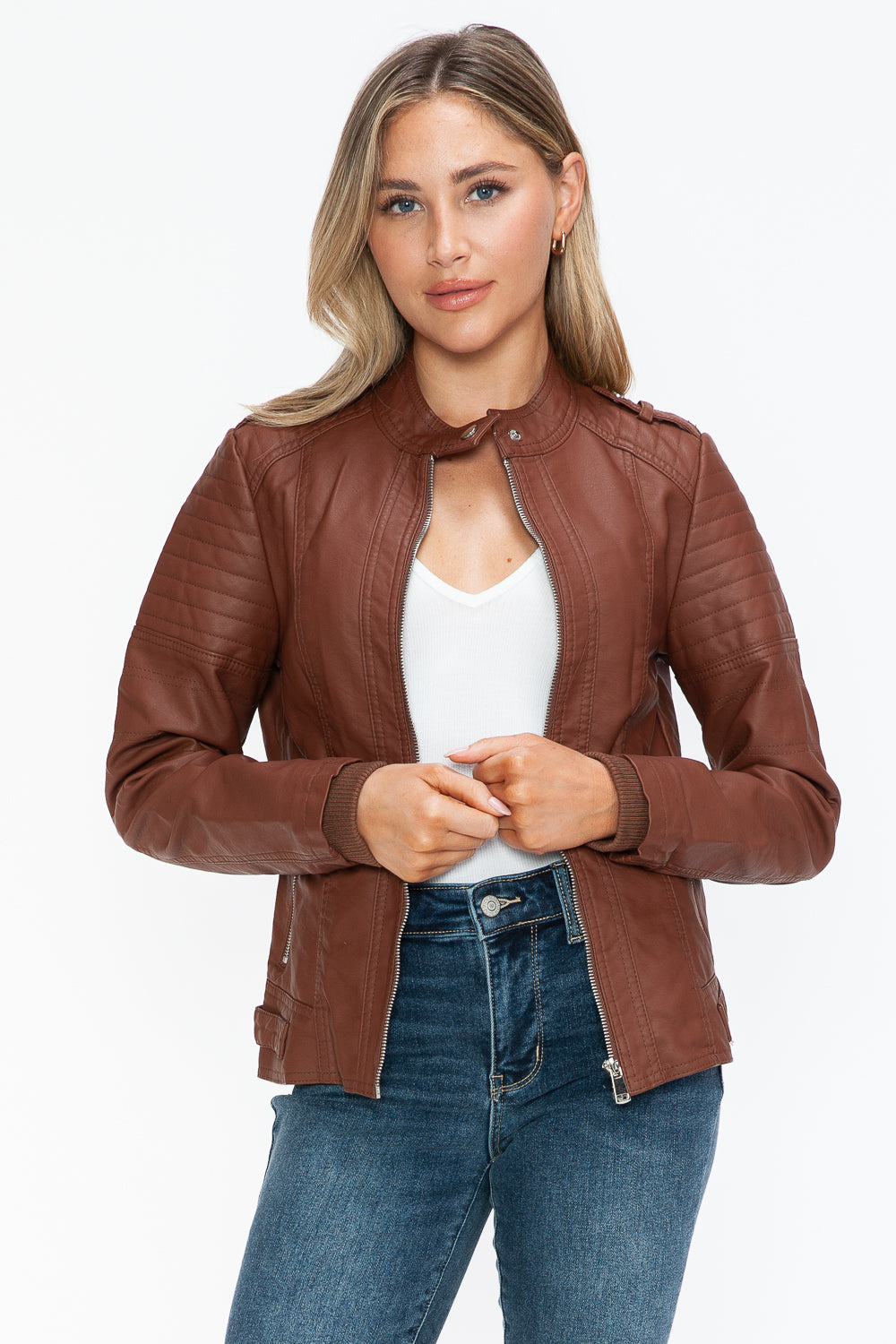 Snobbish Born To Ride PU Leather Biker Jacket with Side Zip Pockets in Brandy