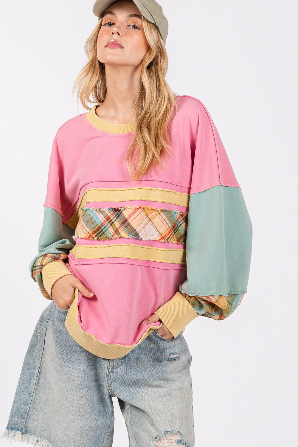 SAGE + FIG Pink Conviction Mineral Wash Raw Edge Color Block Sweatshirt
