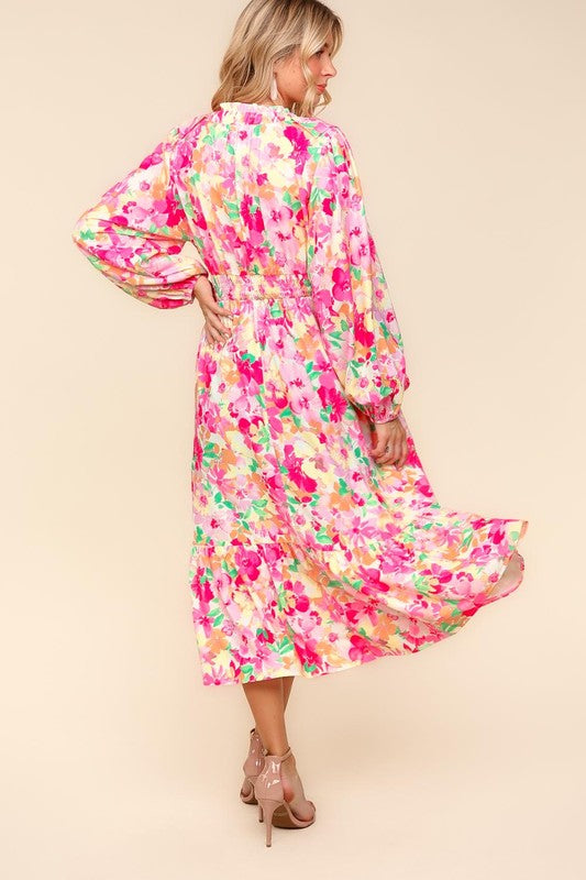 Haptics Plus One Floral Surplice Balloon Sleeve Dress with Side Pockets in Multicolor