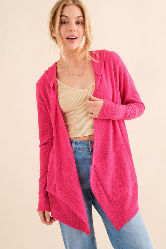 And The Why Take It Next Level Thermal Hooded Open Front Cardigan with Pockets in Fuchsia