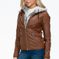 YMI Fuzzy Feels Faux Layered Double-Zipper Jacket with Fuzzy Hood in Rust