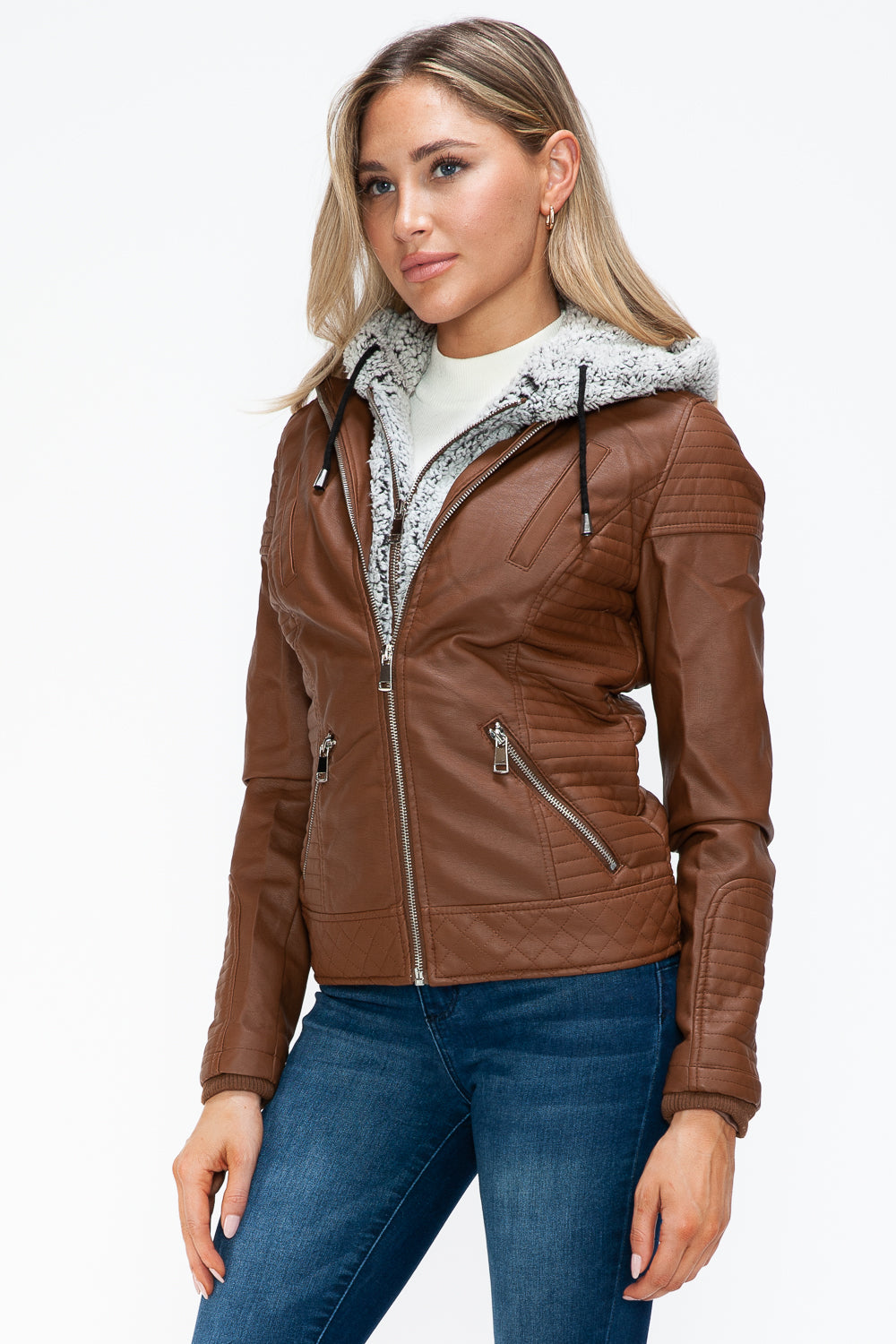 YMI Fuzzy Feels Faux Layered Double-Zipper Jacket with Fuzzy Hood in Rust