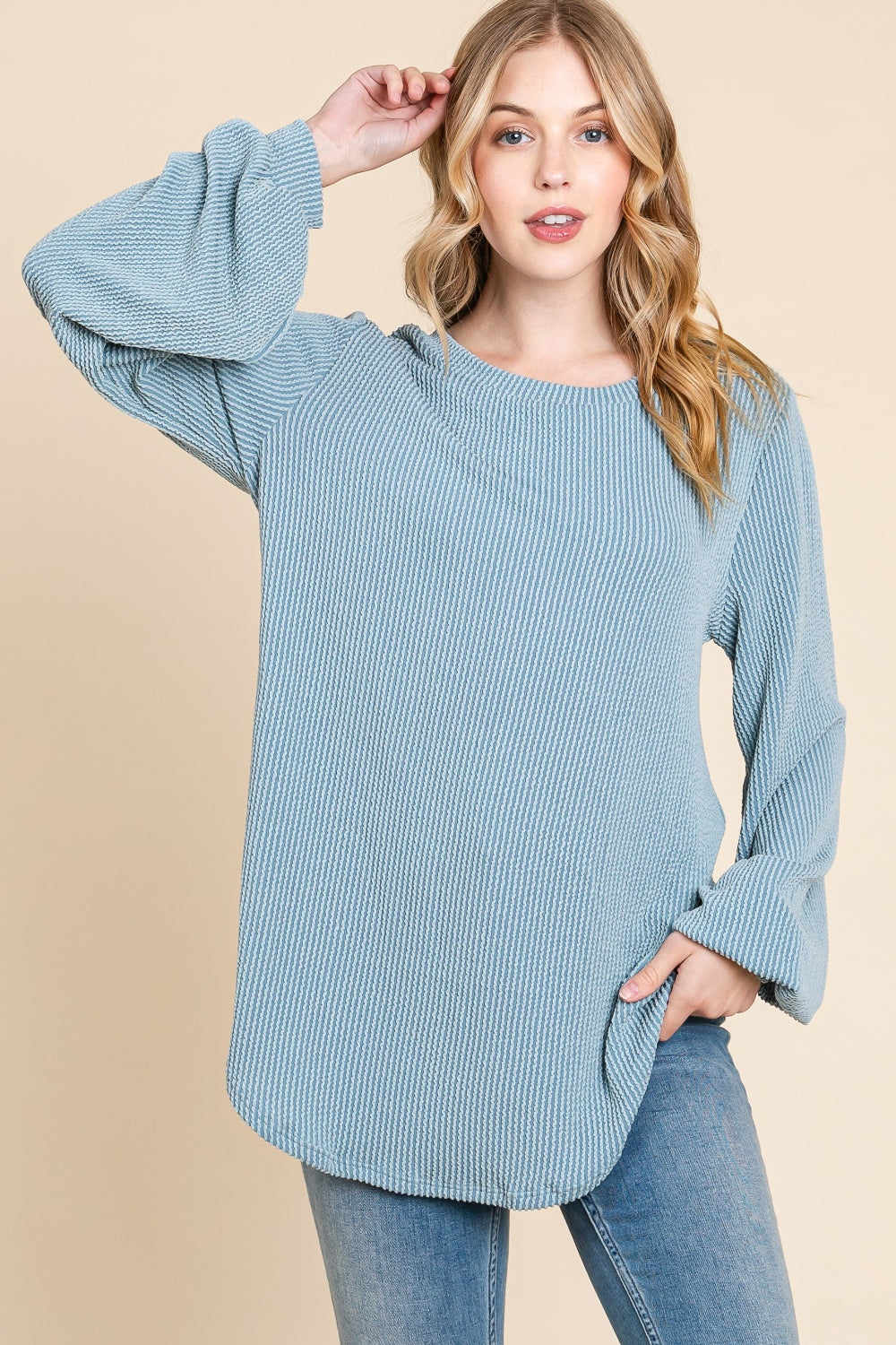 BOMBOM Chasing Dreams Long Sleeve Curved Hem Ribbed T-Shirt in Denim