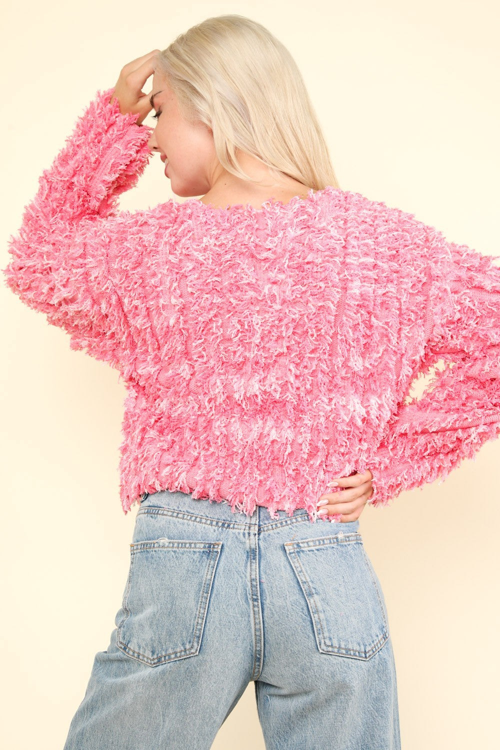 VERY J Feeling Fuzzy and Fabulous Shaggy Yarn Knit Zip Up Jacket in Pink Multi