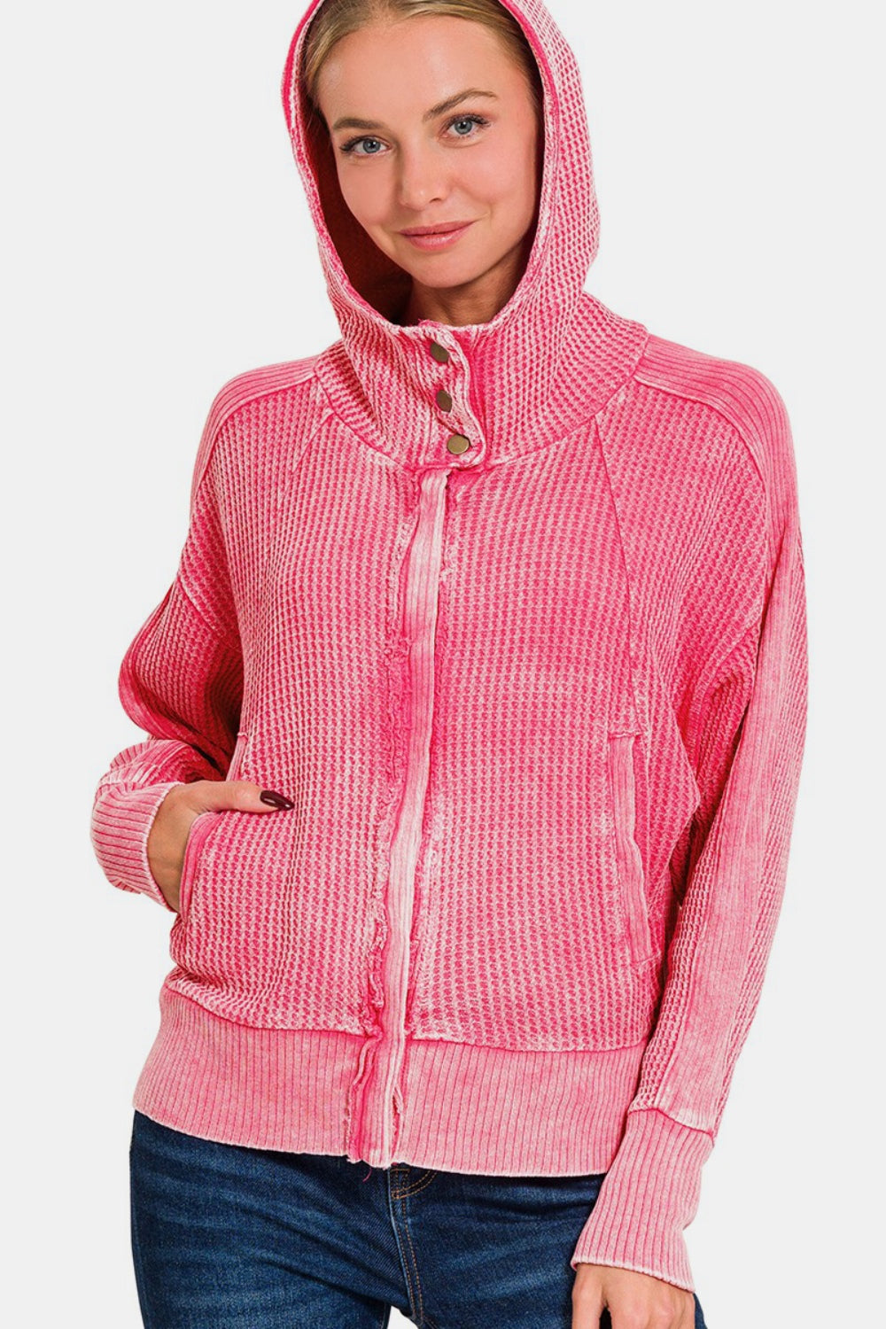 Zenana Chill Days Washed Zip Up Hooded Jacket in Fuchsia