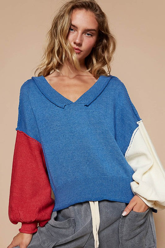 POL A Little Edge Exposed Seam Contrast V-Neck Lantern Sleeve Sweater in Royal Blue