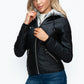 YMI Fuzzy Feels Faux Layered Double-Zipper Jacket with Fuzzy Hood in Black