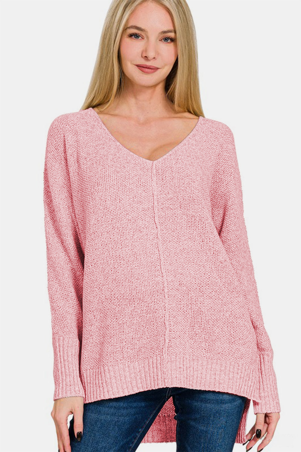 Zenana By The Fire High-Low Center Seam V-Neck Sweater in Dusty Pink