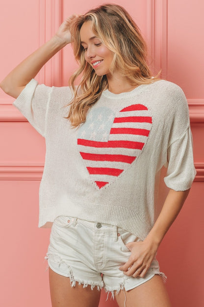 BiBi My Heart Is Here Striped Heart Contrast Knit Top