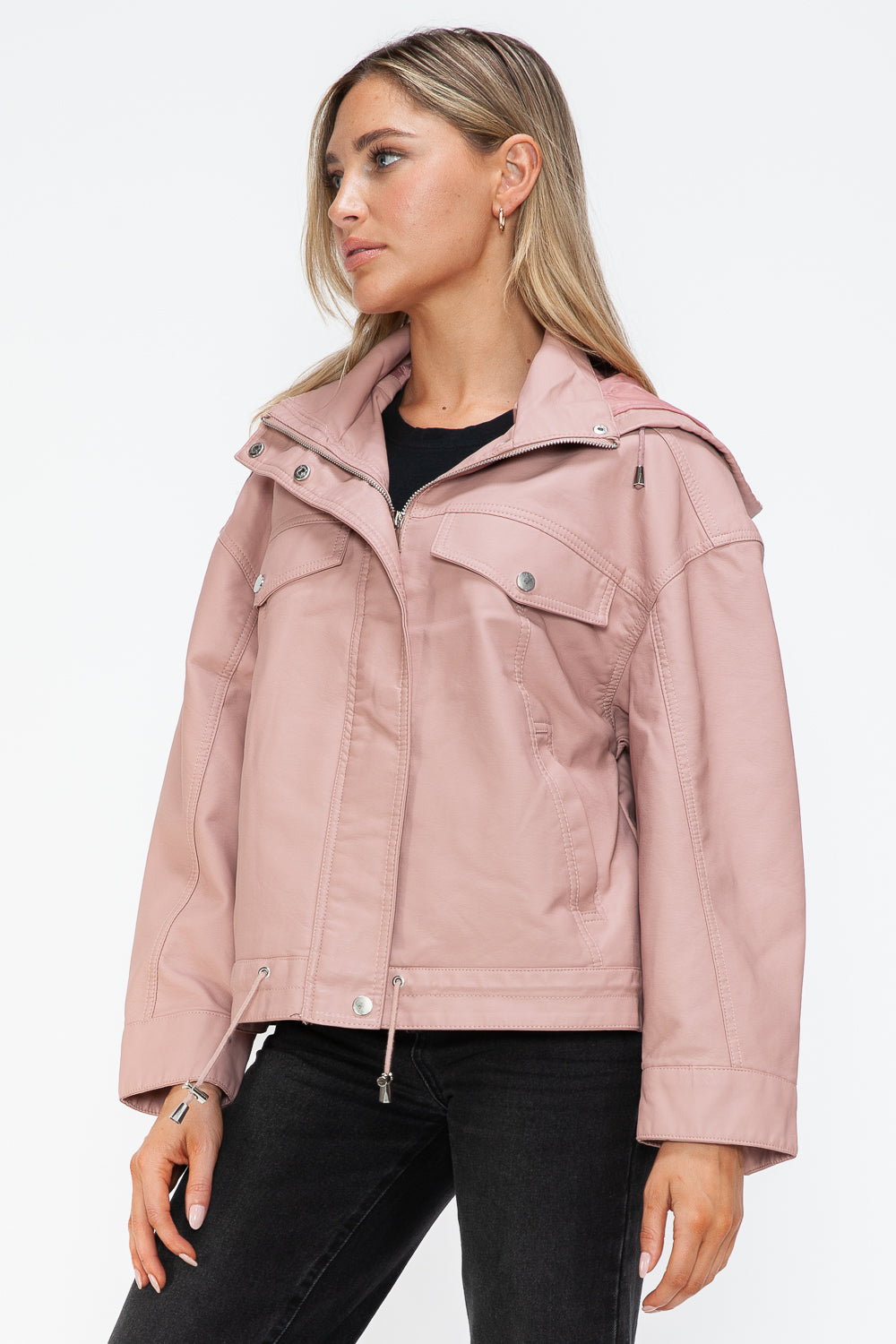 How Dare U My Favorite Layer Drawstring Hem PU Leather Zip Up Jacket in Mauve