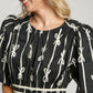 Umgee When Life Gives You Ribbons Print Frill Contrast Velvet Trim Half Sleeve Dress in Black