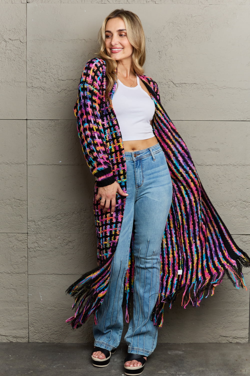 Angel Wings My Shaded Sunshine Multicolored Open Front Fringe Hem Cardigan