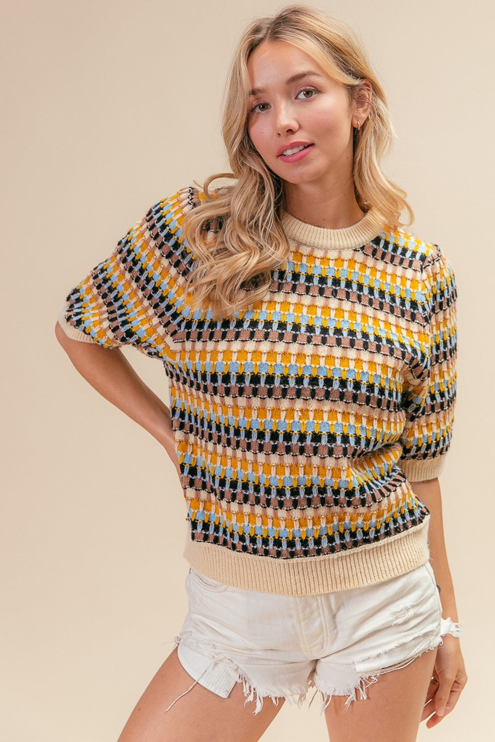 BiBi Chasing Vintage Multi Color Half Sleeve Sweater