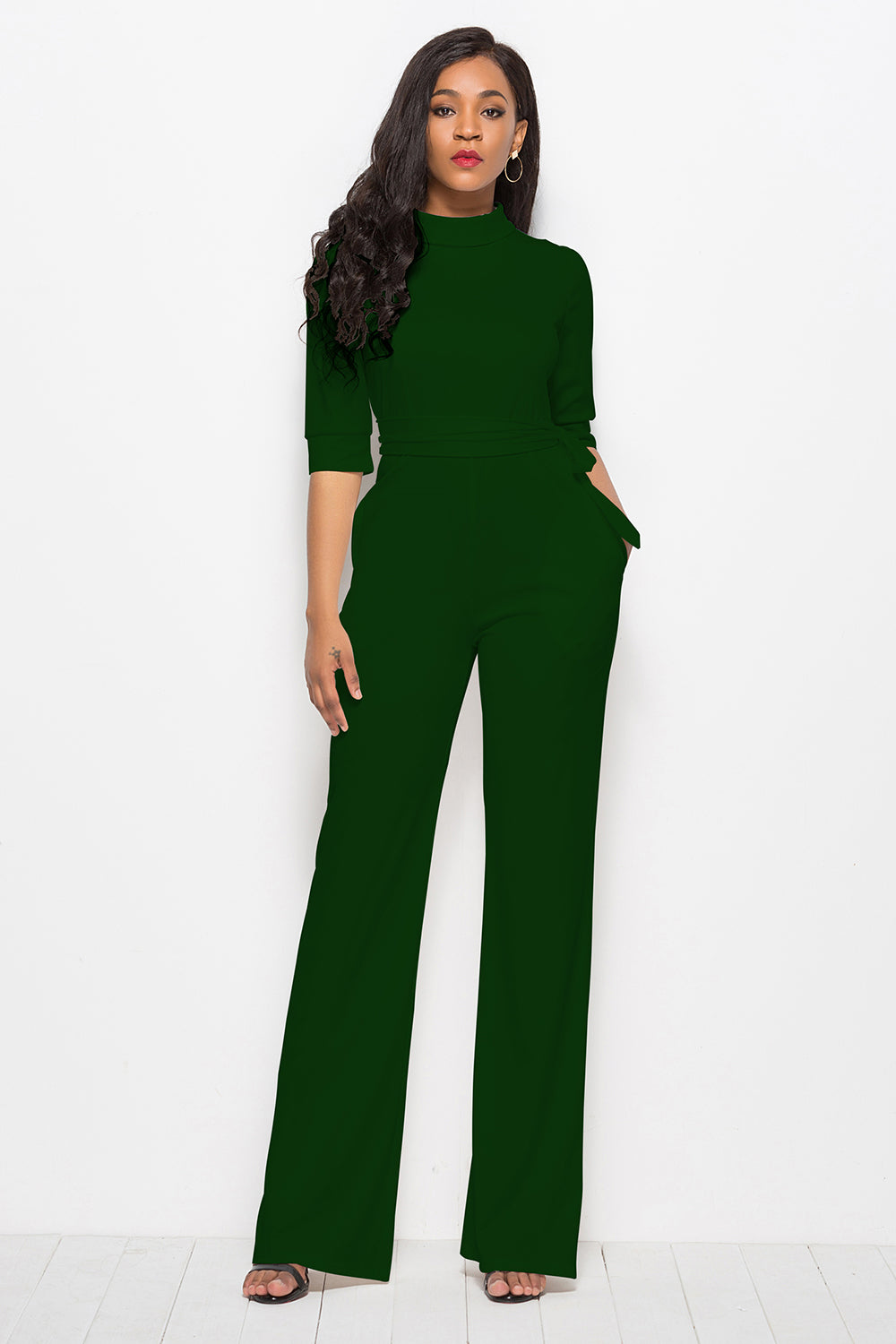 Driven Mock Neck Tie-Waist Half Sleeve Jumpsuit with Pockets