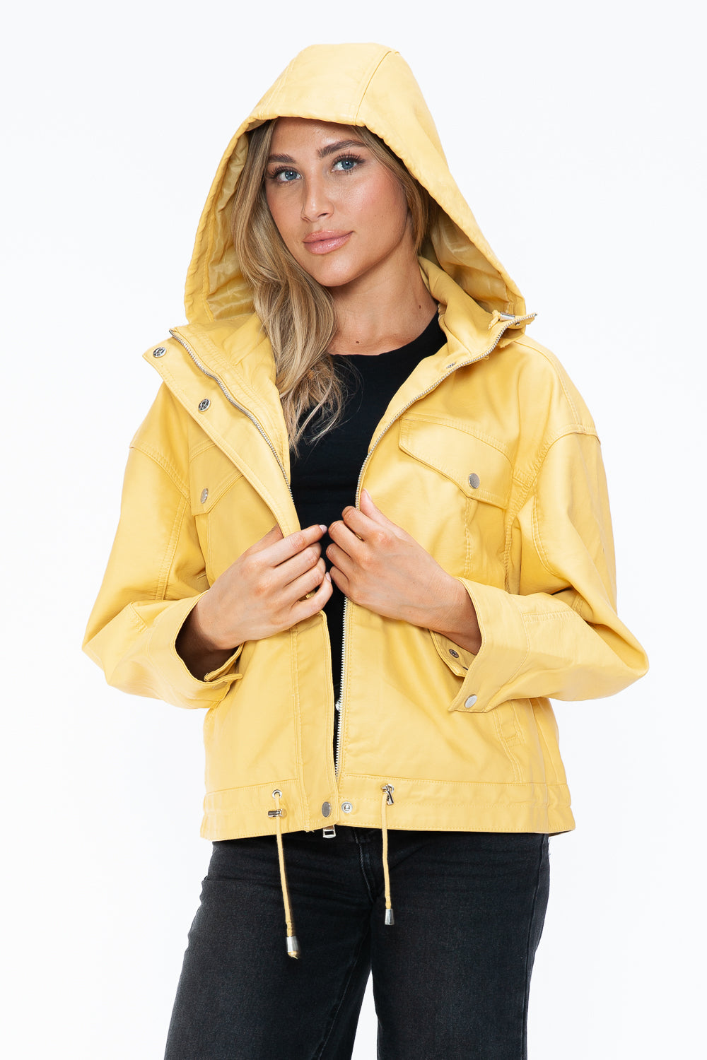 How Dare U My Favorite Layer Drawstring Hem PU Leather Zip Up Jacket in Pale Yellow