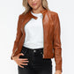 Snobbish Embrace The Day Faux Leather Zip Up Drawstring Hooded Jacket in Camel