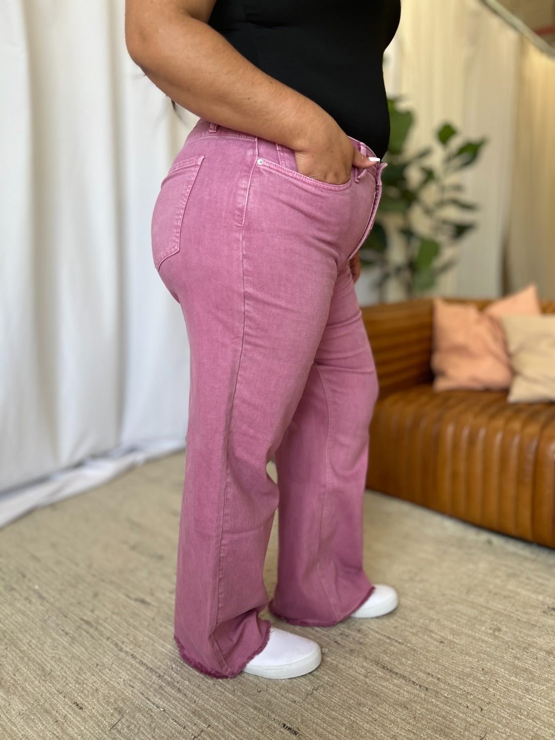 RFM Raelene High Rise Garment Dye Wide Leg Jeans in French Rose