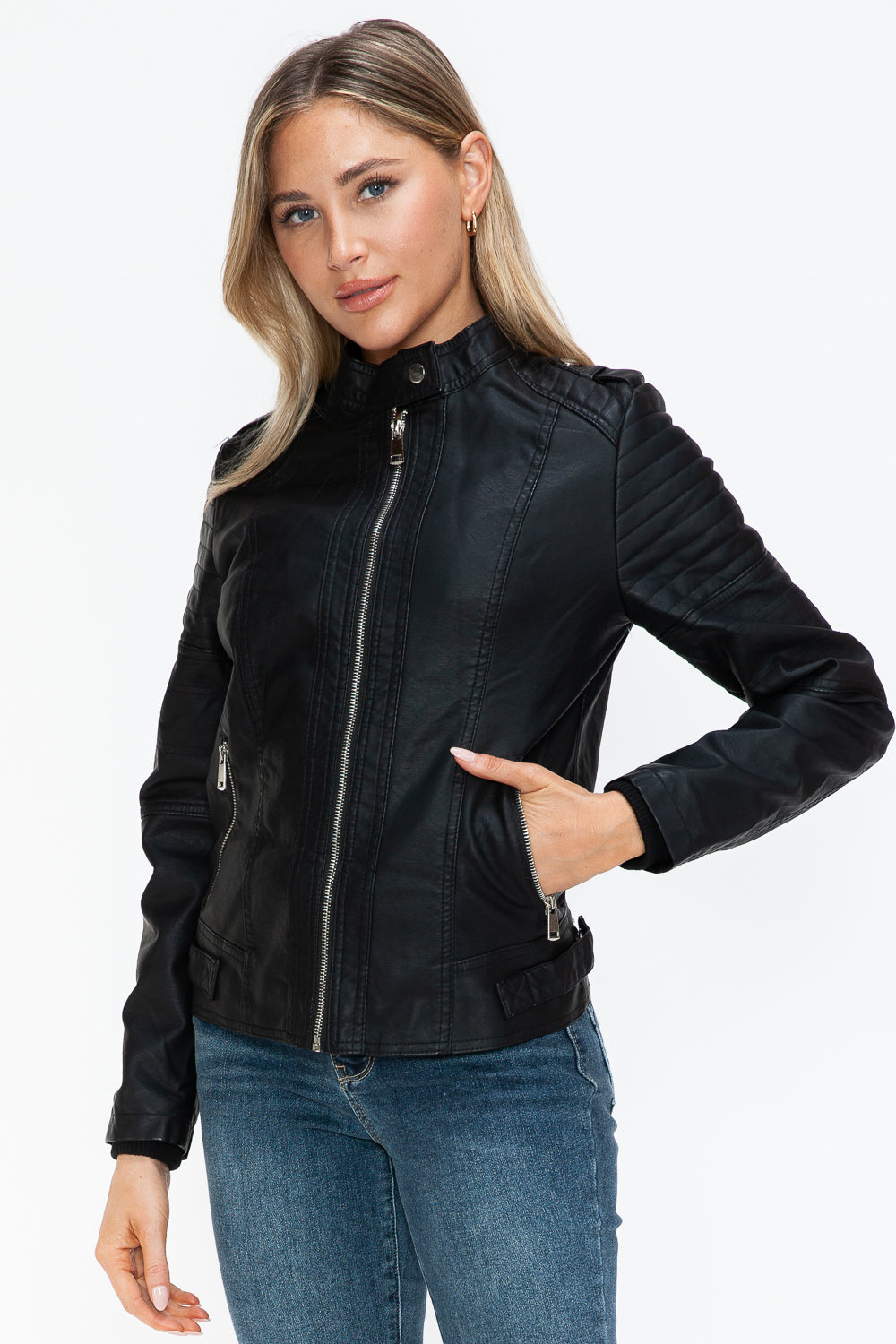 Snobbish Born To Ride PU Leather Biker Jacket with Side Zip Pockets in Black