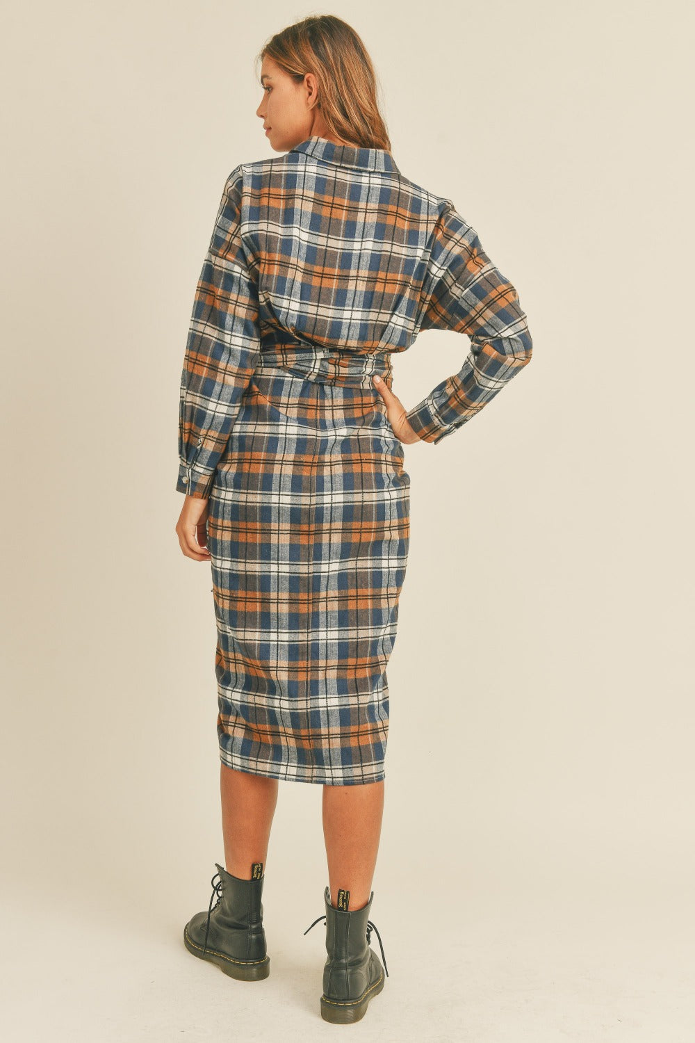 Mable Timeless in Plaid Flannel Front Tie Button Down Shirt Dress