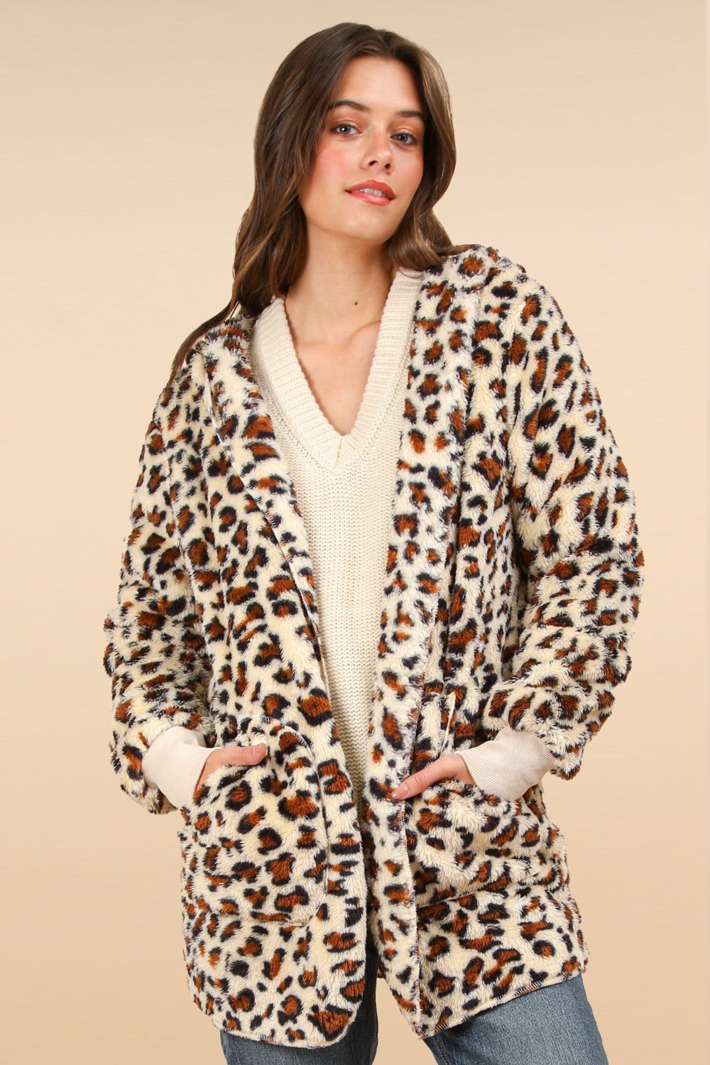 VERY J Where We Goin' Fuzzy Leopard Long Sleeve Hooded Jacket