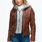 YMI Fuzzy Feels Faux Layered Double-Zipper Jacket with Fuzzy Hood in Brandy