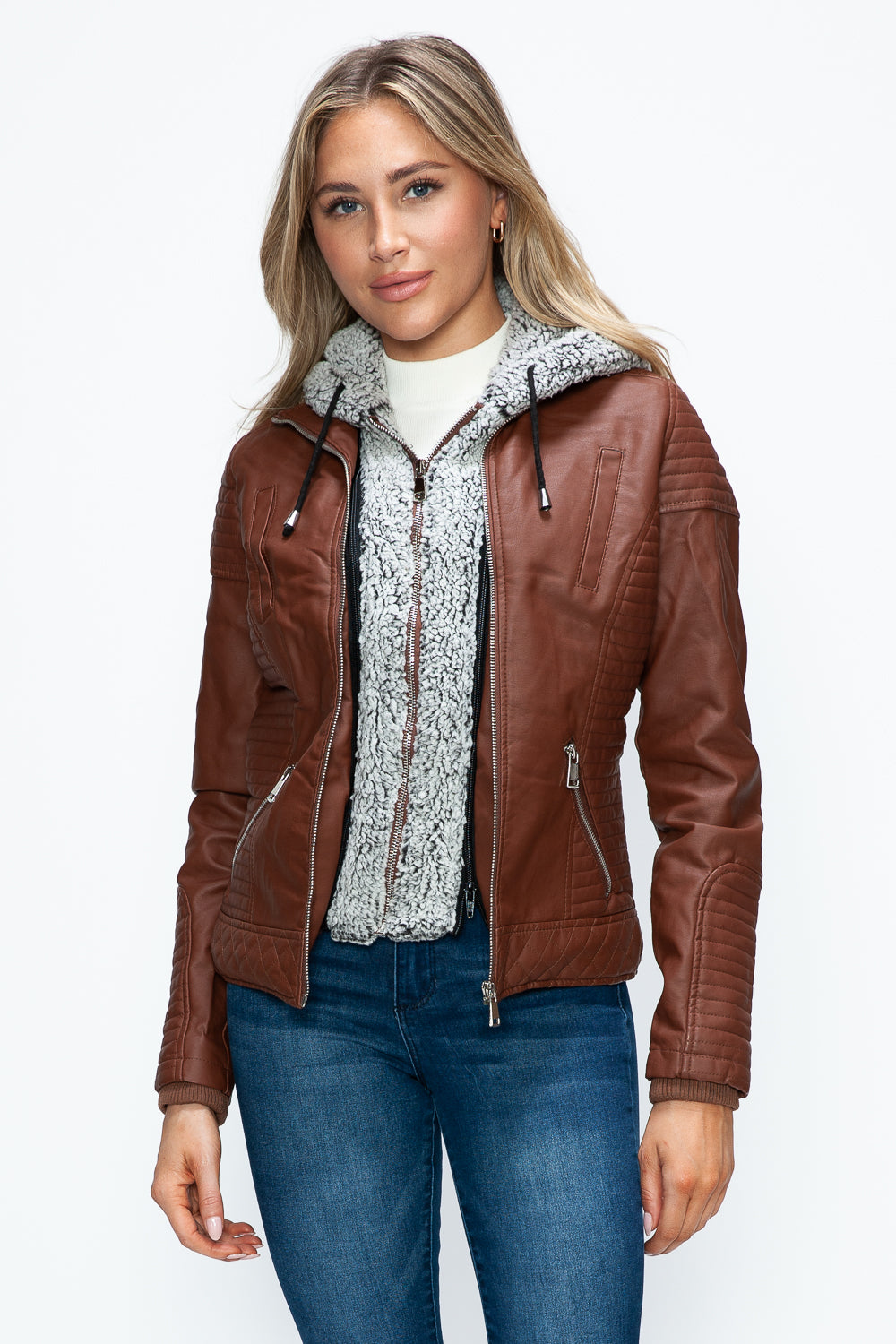 YMI Fuzzy Feels Faux Layered Double-Zipper Jacket with Fuzzy Hood in Brandy