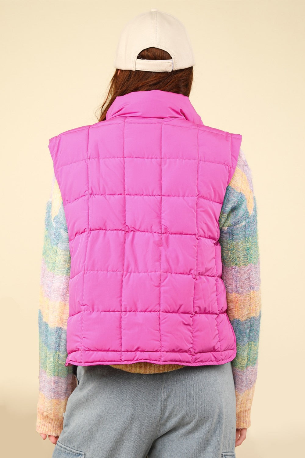 VERY J In Puffer Haven Zip Up Puffer Padded Warm Vest in Fuchsia
