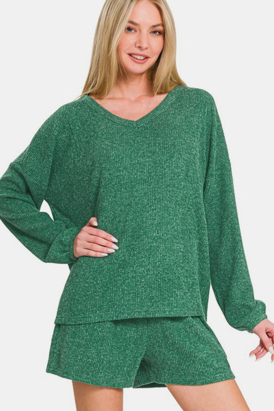 Zenana Collecting Moments V-Neck Long Sleeve Ribbed Top and Shorts Set in Dark Green