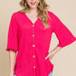 BOMBOM Fuchsia Rose Texture Decorative Button V-Neck Top