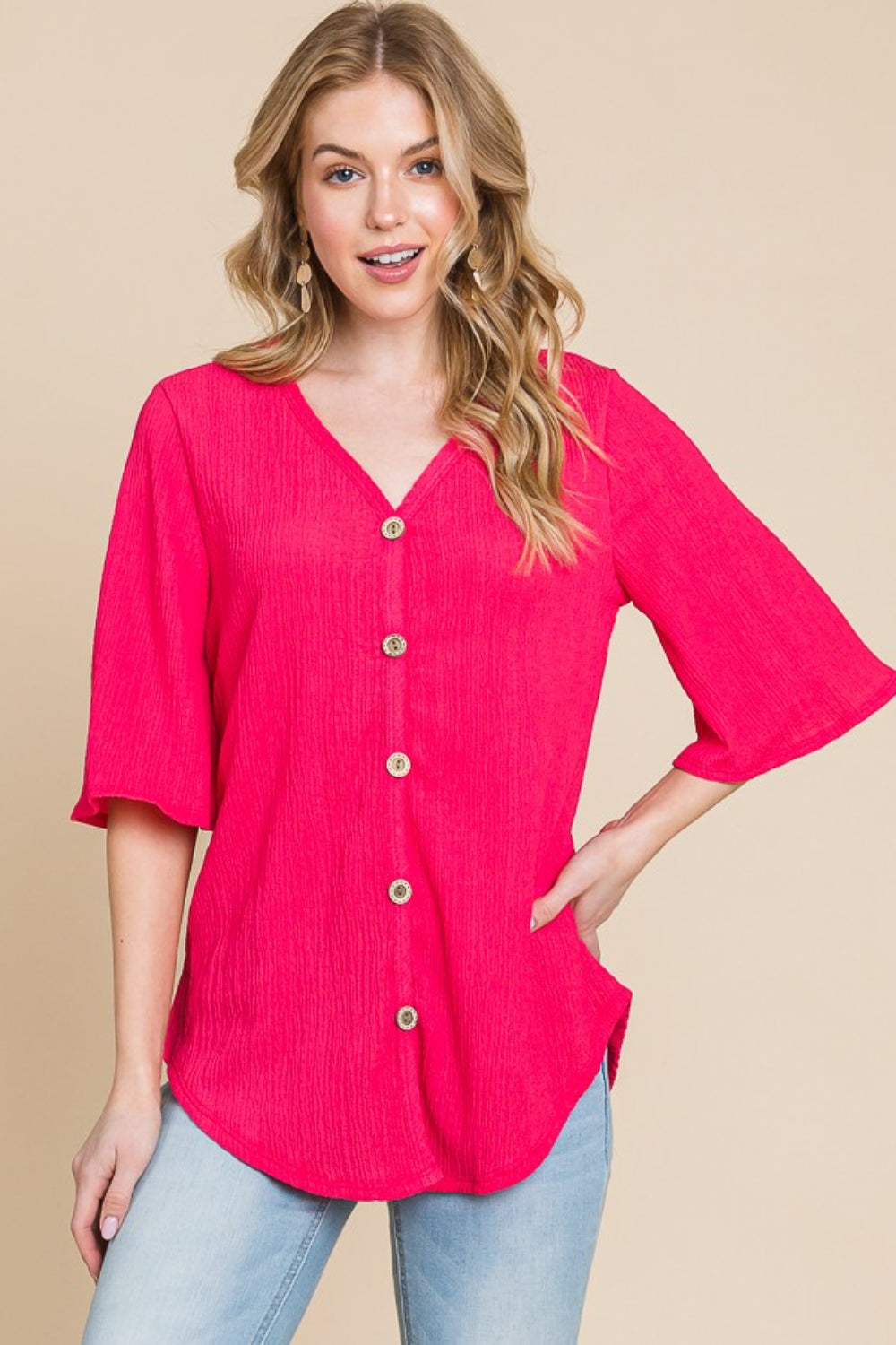 BOMBOM Fuchsia Rose Texture Decorative Button V-Neck Top