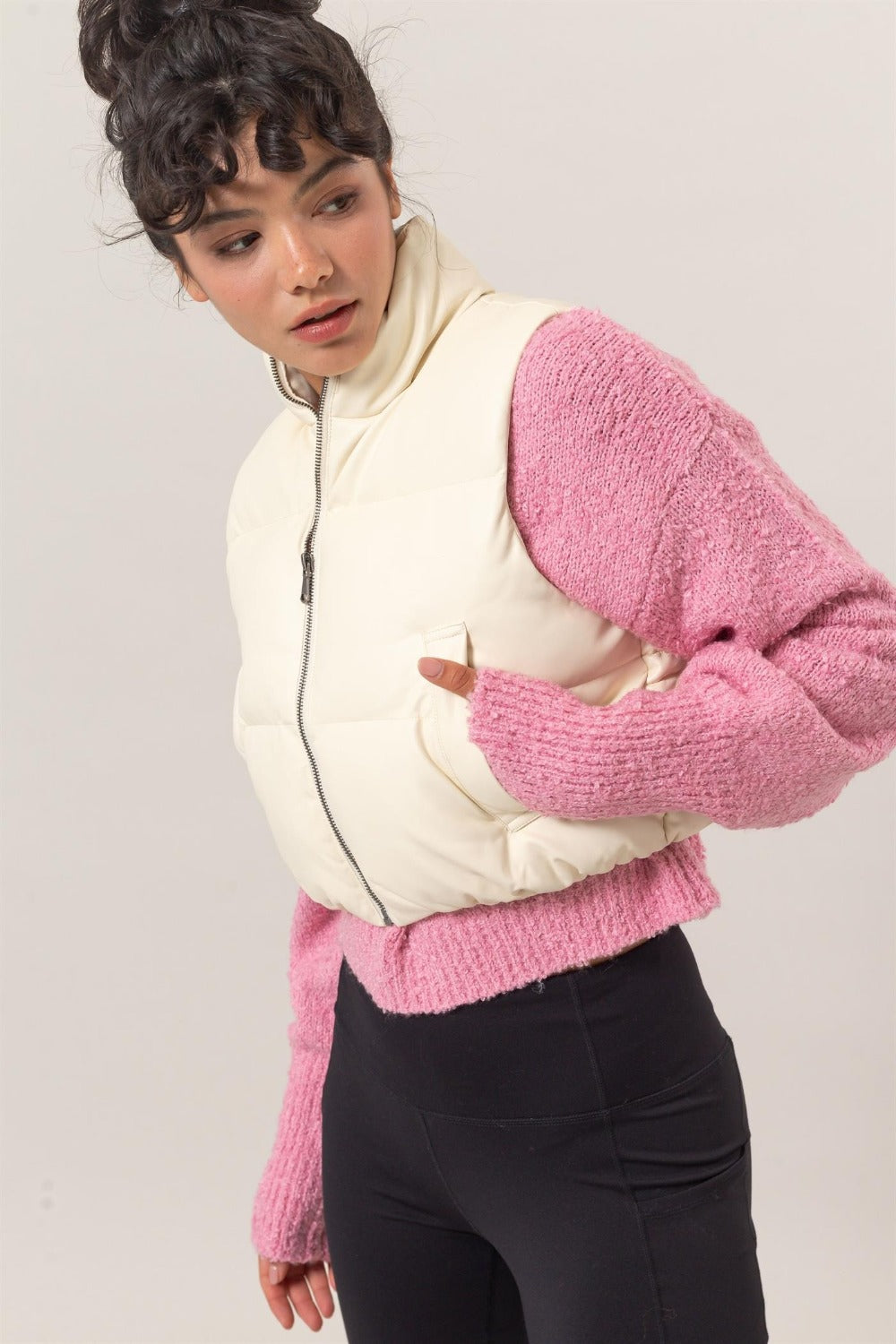 HYFVE Puff It Up Pocketed Solid Vest Coat in Cream
