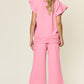 Double Take Butterfly Kisses Texture Ruffle Short Sleeve Top and Drawstring Wide Leg Pants Set