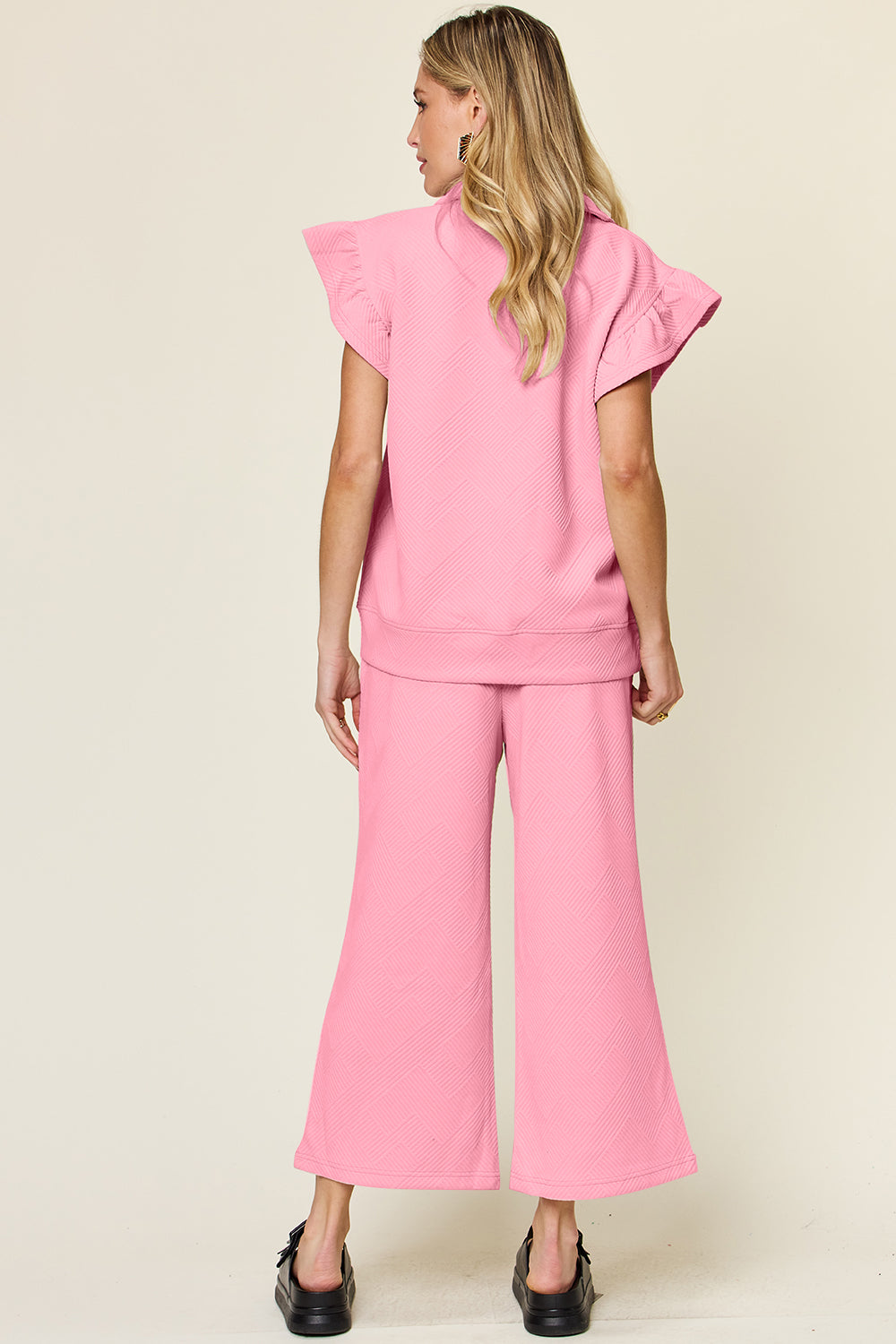 Double Take Butterfly Kisses Texture Ruffle Short Sleeve Top and Drawstring Wide Leg Pants Set