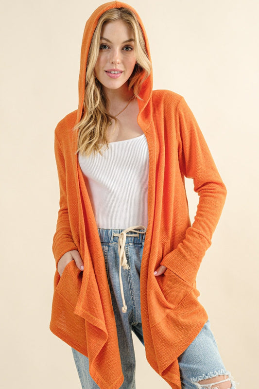 And The Why Take It Next Level Thermal Hooded Open Front Cardigan with Pockets in Dusty Coral